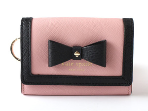 N15869 美品 kate spade ケイトスペード パスケース付き ミニ財布 コンパクトウォレット コインケース 小銭入れ キーリング リボン ピンク