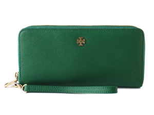 N15885 美品 TORY BURCH トリーバーチ ストラップ付き ラウンドファスナー 長財布 レザー ロングウォレット グリーン 緑 札入れ 小銭入れ