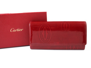 N15845 Cartier カルティエ ハッピーバースデー 二つ折り 長財布 箱付き エナメル レザー ボルドー ロングウォレット 小銭入れ 札入れ