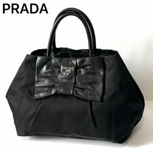 【美品】PRADA プラダ　ハンドバッグ　トートバッグリボン　ナイロン×レザー　シルバー金具　白タグ　黒 ブラック　レディース