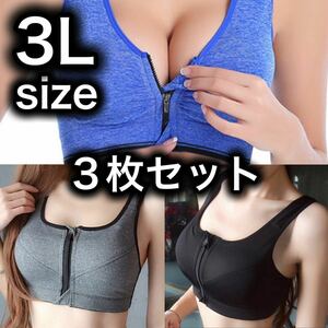 ブラジャー ノンワイヤー スポーツブラ ファスナー フィットネス 3L 2XL グレー ブルー ブラック 授乳ブラ A75 B75 C75 D75 A80 3枚セット