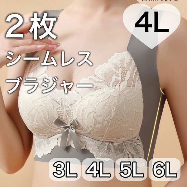 2枚セット ノンワイヤー シームレス ブラジャー グレー　灰色　レース 大きいサイズ 4L 3XL ナイトブラ 夜用ブラB85 C85 D85