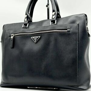 ●高級●PRADA プラダ ビジネスバッグ トートバッグ 鞄 かばん 三角ロゴ プレート A4可 3室タイプ サフィアーノレザー メンズ 黒 ブラック