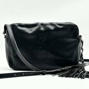 ●高級●SAINT LAURENT サンローラン カメラバッグ ショルダーバッグ 鞄 かばん カサンドラロゴ エンボスロゴ レザー タッセル 斜め掛け 黒