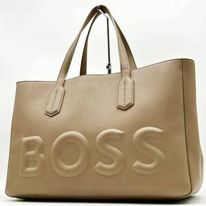 ●現行 未使用保管品●HUGO BOSS ヒューゴボス エンボスロゴ 特大 トートバッグ ビジネスバッグ 鞄 かばん レザー A4 肩掛け可 メンズ 茶