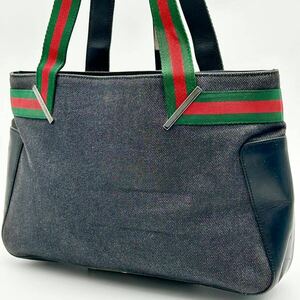 ●高級●GUCCI グッチ ハンドバッグ トートバッグ ビジネスバッグ 鞄 かばん デニム レザー シェリーライン プレート レディース ブラック