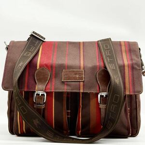 ●美品 ラージサイズ●ETRO エトロ メッセンジャーバッグ ショルダーバッグ ビジネス ストライプ A4 キャンバス レザー 斜め掛け可 茶