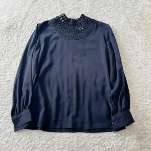 【Hanano Blouse ハナノブラウス】レース ブラウス レトロヴィンテージ ドレスシャツ モックネック 袖ギャザー 黒 オケージ Rstore42273