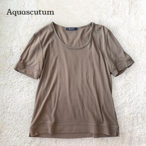 美品 Aquascutum アクアスキュータム 半袖 カットソー Tシャツ とろみ シンプル カーキ 綿100％ M相当 Rstore A382211