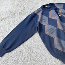 【Golden Bear ゴールデンベア】日本製 アーガイル ニット ゆったり セーター メンズ L ワンポイント ロゴ刺繍 ウール100% Rstore43187_画像8