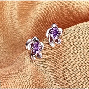 [ re-arrival!! free shipping!! now only 1 jpy start!!] silver 925 stamp /CZ amethyst flower earrings C*B