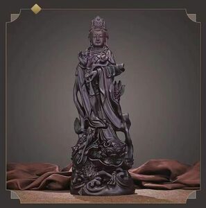 美品★仏教美術 精密細工 木彫り 黒檀木 観音菩薩立像 仏像 置物 高さ30cm
