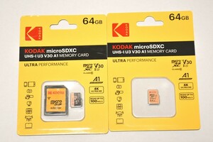 【新品未使用】マイクロSDカード 64GB 2枚 コダック class10 UHS-I U3 V30 A1 microSD microSDXC マイクロSD KODAK 高速 4K