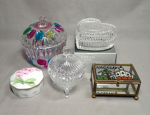  Showa Retro [ glass made case candy - pot other 5 point together ] cover attaching container ceramics interior ornament unused equipped 