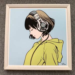 ■江口寿史『LISTEN TO THE MUSIC』 LPサイズ 額入り 貴重イラスト 印刷物 ポスター風デザイン 額装品 アートフレーム インテリア