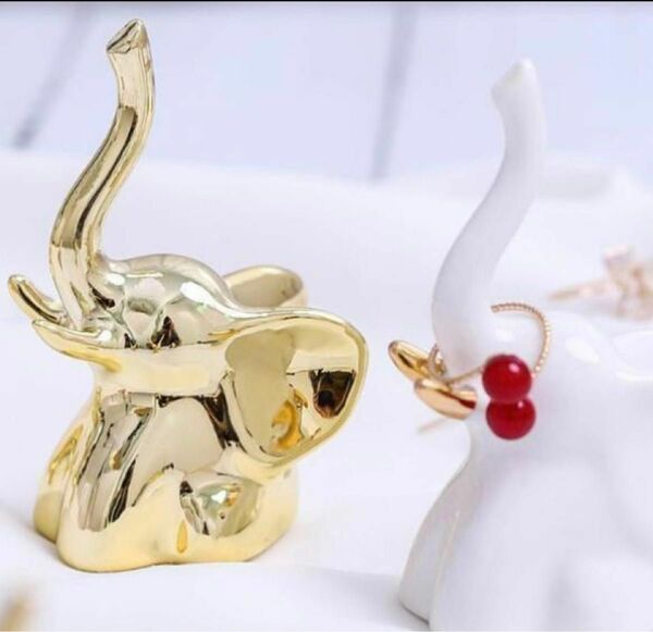 象の像 1組 装飾 置物 アクセント 棚 リビング 寝室 ゴールド ホワイト