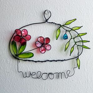 ハンドメイド　ワイヤークラフト　ディップアート　壁飾り　壁掛け　welcome　お花