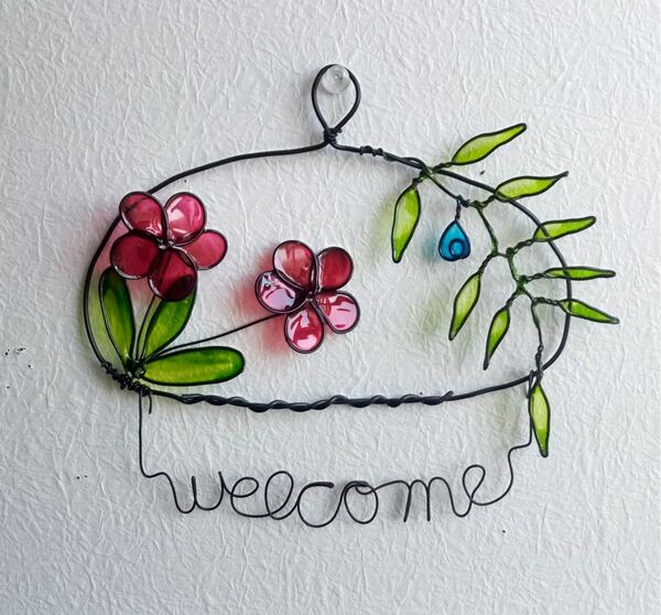 ハンドメイド　ワイヤークラフト　ディップアート　壁飾り　壁掛け　welcome　お花