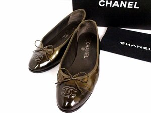 美品☆CHANEL【シャネル】バレリーナ フラットシューズ☆パテント☆エナメル☆36☆23センチ☆ゴールド系☆ココマーク☆レディース☆箱付☆