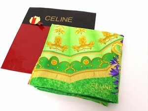 極美品☆CELINE【セリーヌ】ヴィンテージ シルク100％スカーフ☆植物柄☆グリーン系×ゴールド色☆ロゴ☆レディース☆