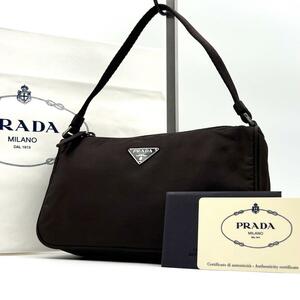 《未使用級》 ギャランティ付 PRADA プラダ 三角ロゴ ナイロン テスート アクセサリーポーチ ハンドバッグ 手提げ ブラウン