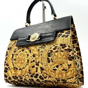 《美品》GIANNI VERSACE ジャンニヴェルサーチ レオパード バロック柄 レザー ハンドバッグ 自立型 太陽神 サンバースト