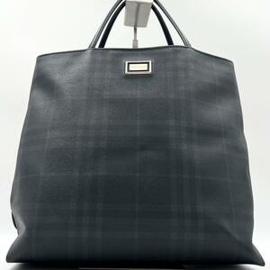 《美品》A4可 BURBERRY バーバリー ノバチェック PVC レザー トートバッグ ビジネスバッグ 手提げ ネイビー メンズ レディース