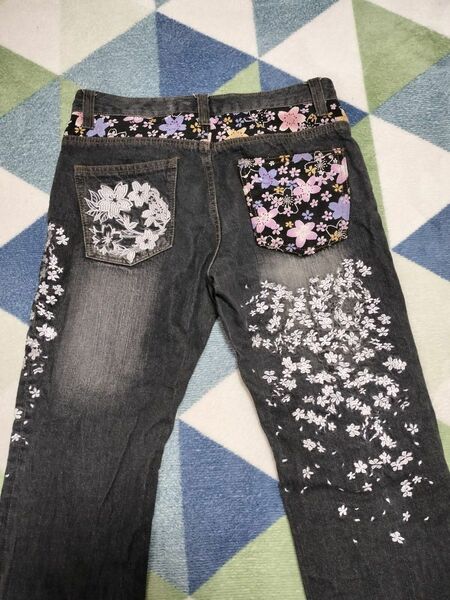 雅結 和風桜刺繍入 メンズジーンズ Sサイズ