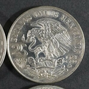 (520)外国貨幣大型メキシコ銀貨4枚 1968年メキシコオリンピック25ペソ1948年クアウテモック王5ペソ 独立戦争150周年10ペソ硬貨コインの画像8