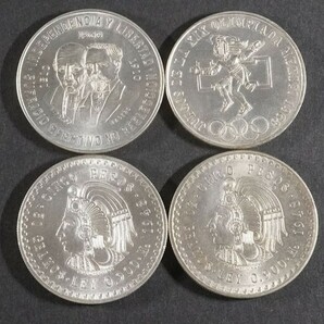 (520)外国貨幣大型メキシコ銀貨4枚 1968年メキシコオリンピック25ペソ1948年クアウテモック王5ペソ 独立戦争150周年10ペソ硬貨コインの画像1