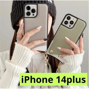 iPhone 14plus レザーケース カード収納　バイカラー　グレージュ　白　可愛い　韓国　人気　ショルダー