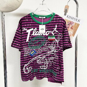 上級ヨーロッパ製※定価2万◆ブルガリア発※RISELIN 半袖Tシャツ 薄手 個性 ウサギ ストライプ柄 ダメージ加工 ゆったり ストリート M/46