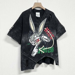 個性ヨーロッパ製※定価2万◆ブルガリア発※RISELIN 半袖Tシャツ 快適 薄手 兎柄 ダメージ加工 レトロ感 ストリート トップス 春夏 L/48