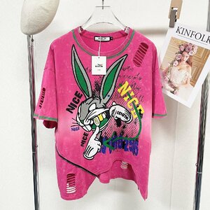 個性ヨーロッパ製※定価2万◆ブルガリア発※RISELIN 半袖Tシャツ 人気 薄手 兎柄 ダメージ加工 レトロ感 ストリート トップス 春夏 L/48