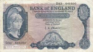 イギリス　Bank of England　紙幣　5ポンド　1957年　P371