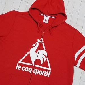 【デサント製/美品】◎le coq sportif ルコックスポルティフ/ 長袖 フロントBIGプリントロゴ ジップパーカージャケット　SIZE： O　レッド