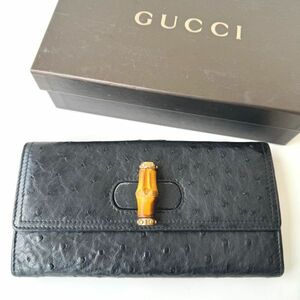 ◆ グッチ GUCCI バンブー オーストリッチ 長財布 137374 箱付き ブラック レザー ターンロック レディース メンズ ウォレット