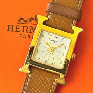 ◆ エルメス HERMES Hウォッチ クォーツ 腕時計 HH1.201 箱付き 不動品 レディース ウォッチ シルバー文字盤 純正レザーベルト スクエア