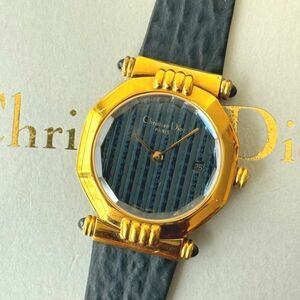 ◆ ディオール Christian Dior クォーツ 腕時計 64151 箱付き 不動品 レディース ウォッチ ネイビー文字盤 純正レザーブレス オクタゴン