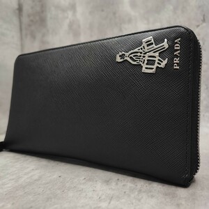 希少/ポーター コラボ●PRADA プラダ メンズ オーガナイザー トラベルケース 長財布 ラウンドファスナー ロゴ サフィアーノ 革 黒 ブラック