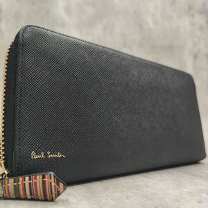 極美品/近代モデル●ポールスミス Paul Smith メンズ 長財布 ラウンドファスナー マルチストライプ ロゴ プリント PVC レザー 黒 ブラック