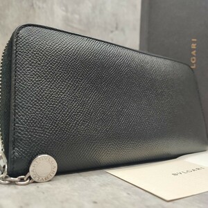 美品/付属品付き●BVLGARI ブルガリ メンズ 長財布 クラシコ ラウンドファスナー ジップ ロゴ金具 グレインレザー 黒 ブラック ビジネス 