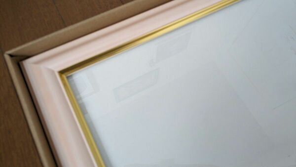 鏡 ミラー 額縁 壁掛け 木製　40×48cm パールピンク/ゴールド