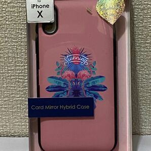 iPhone XS X ハイブリッドケース ミラー付カード収納 f フラミンゴA アイフォーン xs カードケース付 鏡付 