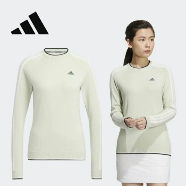 adidas アディダス　ladies レディース　golf ゴルフ　ウェア　クルーネックセーター　スリーストライプス 長袖 size:XL リネングリーン