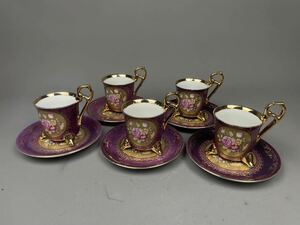 福) 大橋陶器 アンティーク コーヒーカップ5客 OHASHI CHINA MADE IN JAPAN 1932 カップ&ソーサー デミタスカップ 金彩 猫足 高級洋食器