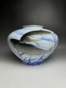 最上手作品 染錦 金彩色絵 流水遊鯉図花瓶 深川製磁 オールド深川 細密絵付 時代 飾壺 壷 高さ23cm 花瓶 双鯉図 花器