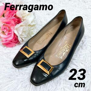 ⑤23cm★Salvatore Ferragamo サルヴァトーレフェラガモ パンプス ゴールド金具 レザー ダークネイビー