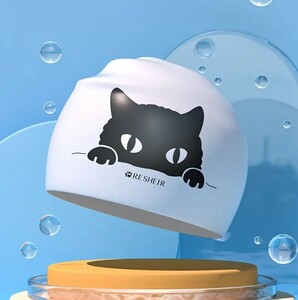 【プールに映える！】ネコ柄swimming cap　柔らかい 上質シリコン素材　黒猫 ネコ タイプC