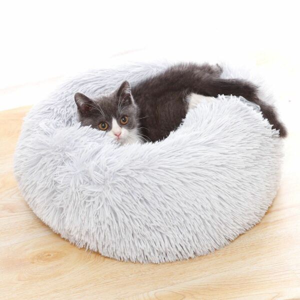 ペットベット　グレー　猫ベッド　犬ベッド　クッションベッド　丸型　安心感　オールシーズン　ペット用品　あったか　ふかふか　冬